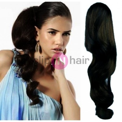 Clip in human hair ponytail wrap hair extension 20 inch wavy - black