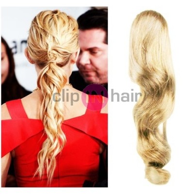 Clip in human hair ponytail wrap hair extension 20 inch wavy - the lightest blonde