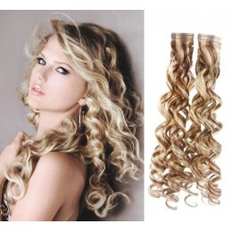 24 inch (60cm) Tape Hair / Tape IN human REMY hair curly - platinum / light brown